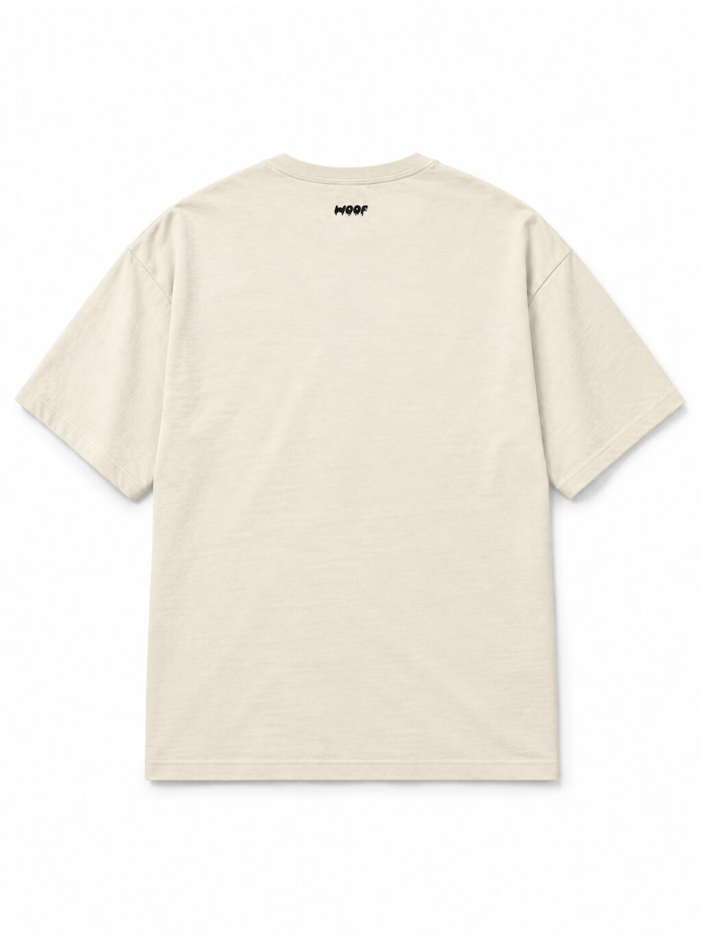 Back of the Trick or Treat Corgi oversized Halloween T-shirt in Vintage White with small WOOF logo below the collar