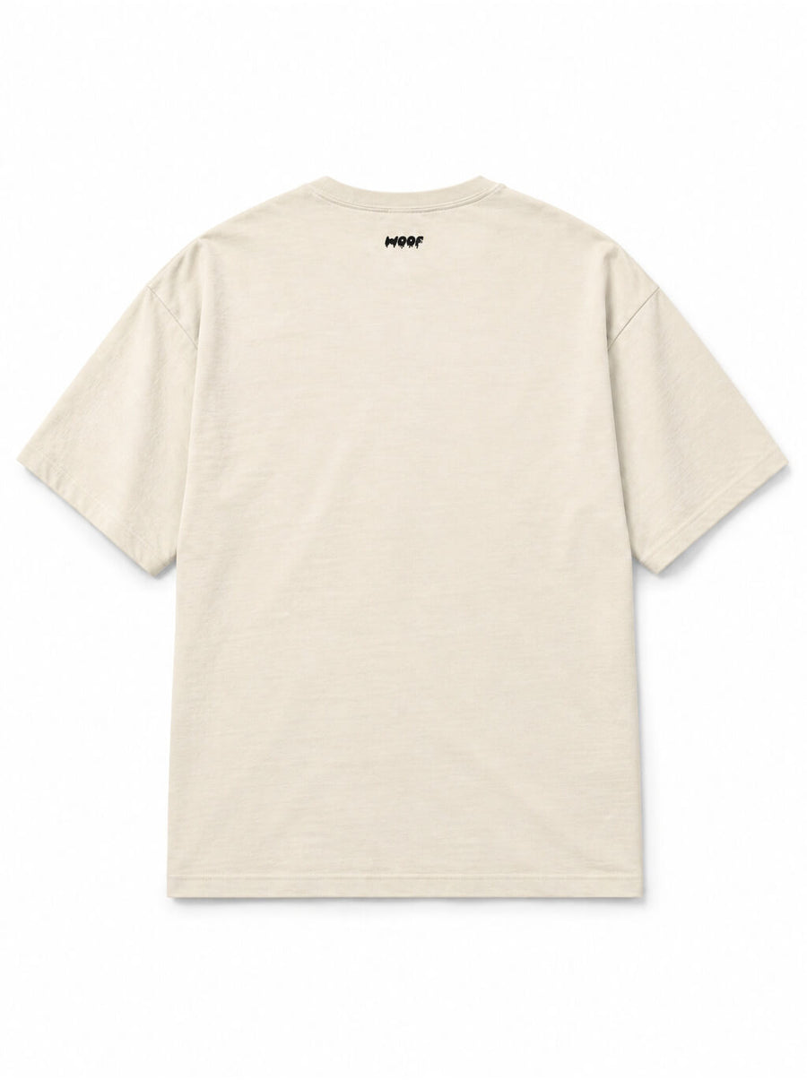 Back of the Trick or Treat Corgi oversized Halloween T-shirt in Vintage White with small WOOF logo below the collar