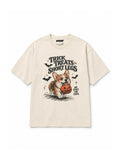 Trick or Treat Corgi oversized Halloween T-shirt in Vintage White featuring a Corgi running with a pumpkin bucket, front view