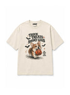 Trick or Treat Corgi oversized Halloween T-shirt in Vintage White featuring a Corgi running with a pumpkin bucket, front view