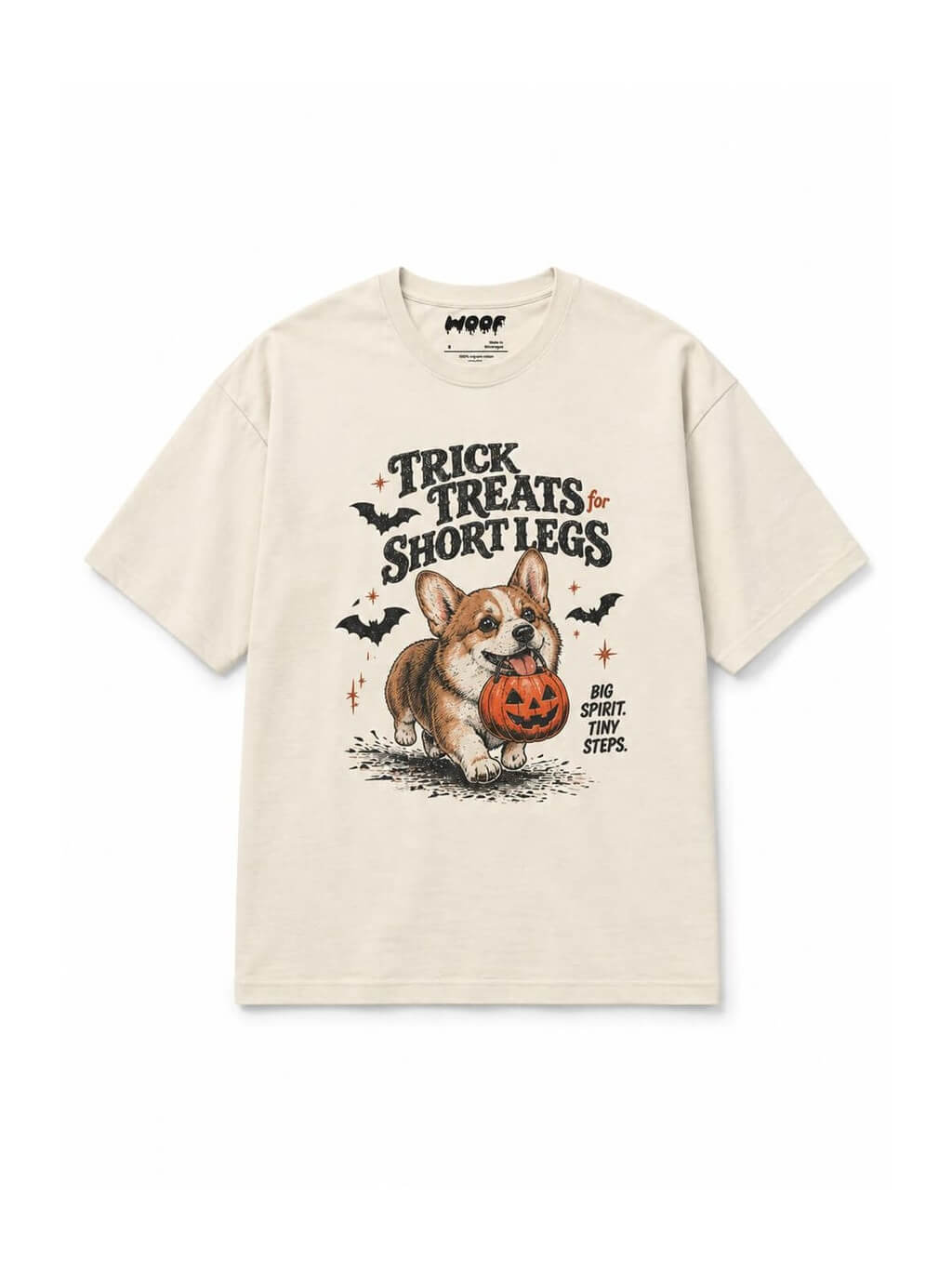 Trick or Treat Corgi oversized Halloween T-shirt in Vintage White featuring a Corgi running with a pumpkin bucket, front view