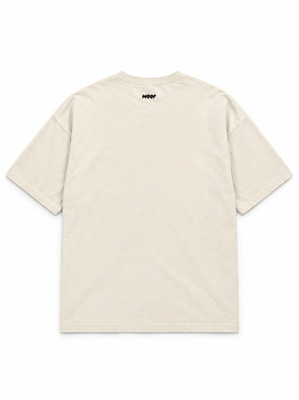 Back of the Trick or Treat Dachshund oversized Halloween T-shirt in Vintage White with small WOOF logo below the collar
