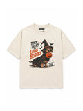 Trick or Treat Dachshund oversized Halloween T-shirt in Vintage White featuring a Dachshund in a witch hat with a pumpkin bucket, front view