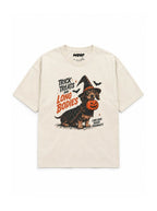 Trick or Treat Dachshund oversized Halloween T-shirt in Vintage White featuring a Dachshund in a witch hat with a pumpkin bucket, front view