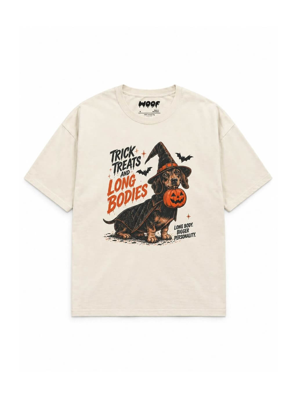 Trick or Treat Dachshund oversized Halloween T-shirt in Vintage White featuring a Dachshund in a witch hat with a pumpkin bucket, front view