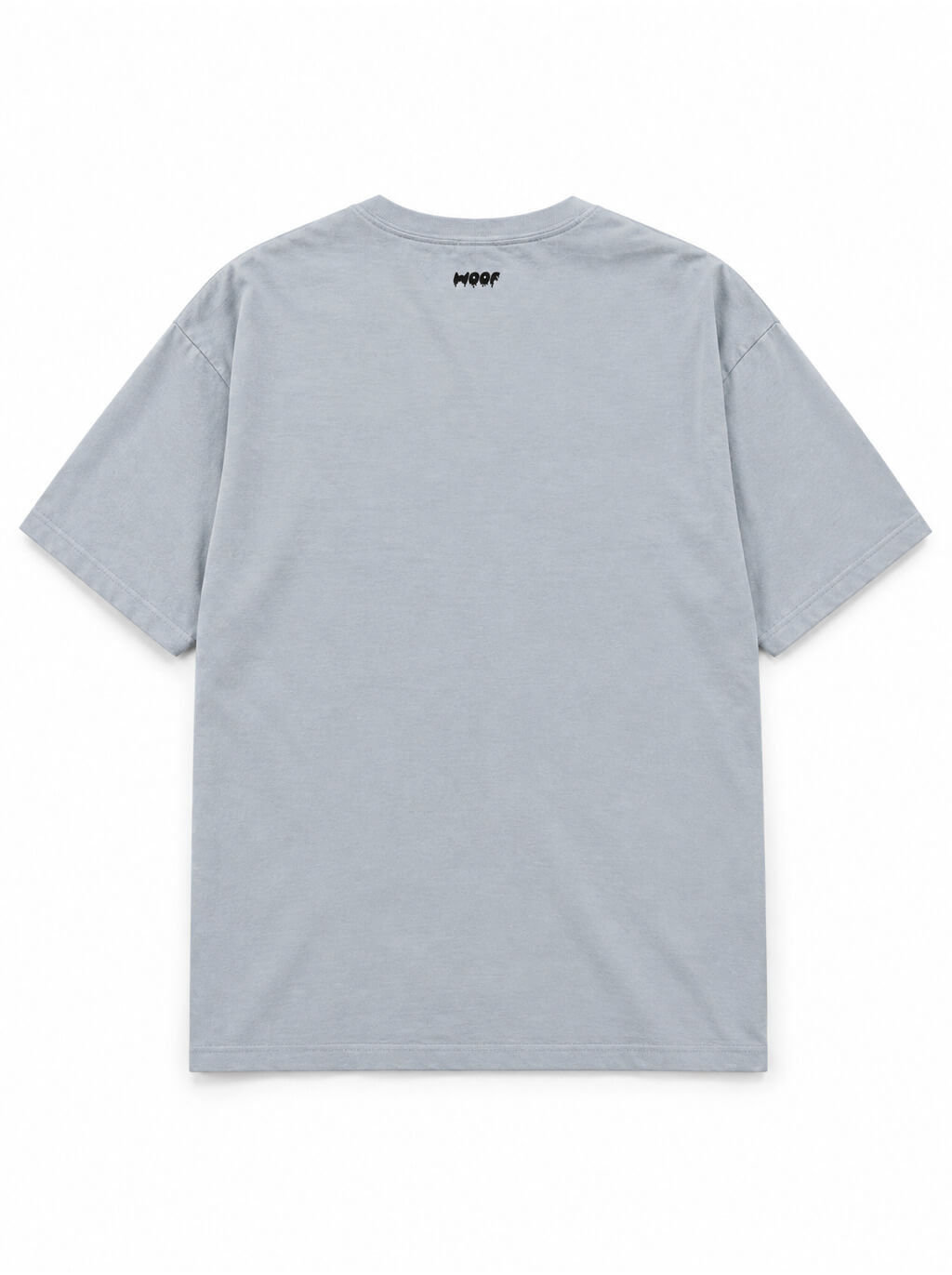 Back of the Trick or Treat Great Dane oversized Halloween T-shirt in Light Washed Denim with small WOOF logo below the collar