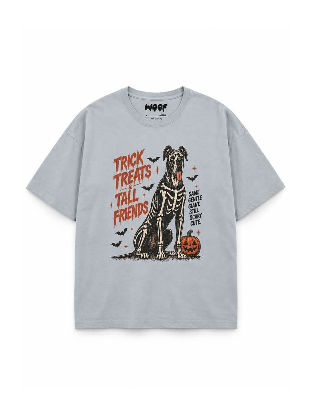 Trick or Treat Great Dane oversized Halloween T-shirt in Light Washed Denim featuring a skeleton Great Dane with a pumpkin bucket, front view