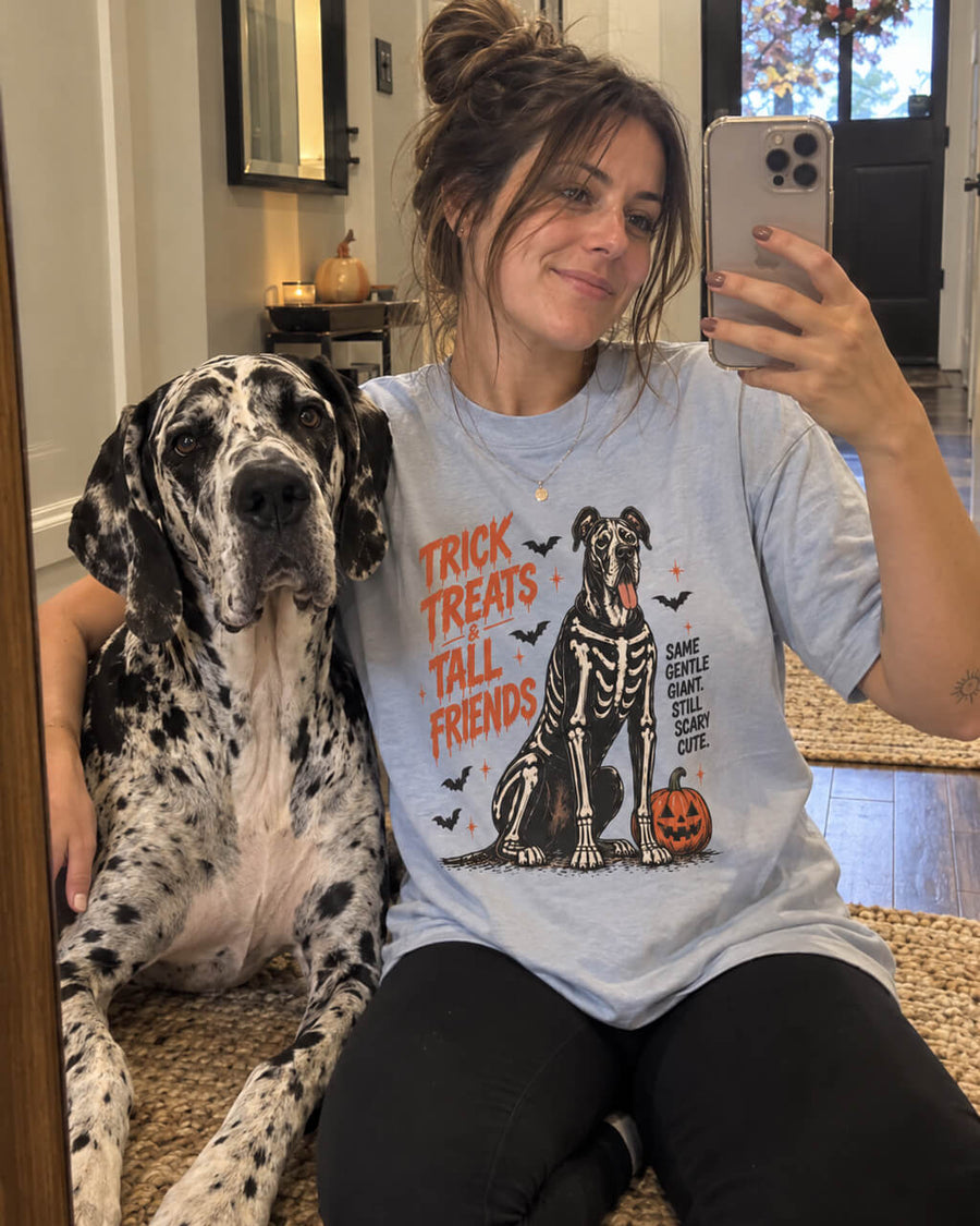 Trick or Treat Great Dane oversized Halloween T-shirt in Light Washed Denim worn by a woman taking a mirror selfie with her Harlequin Great Dane