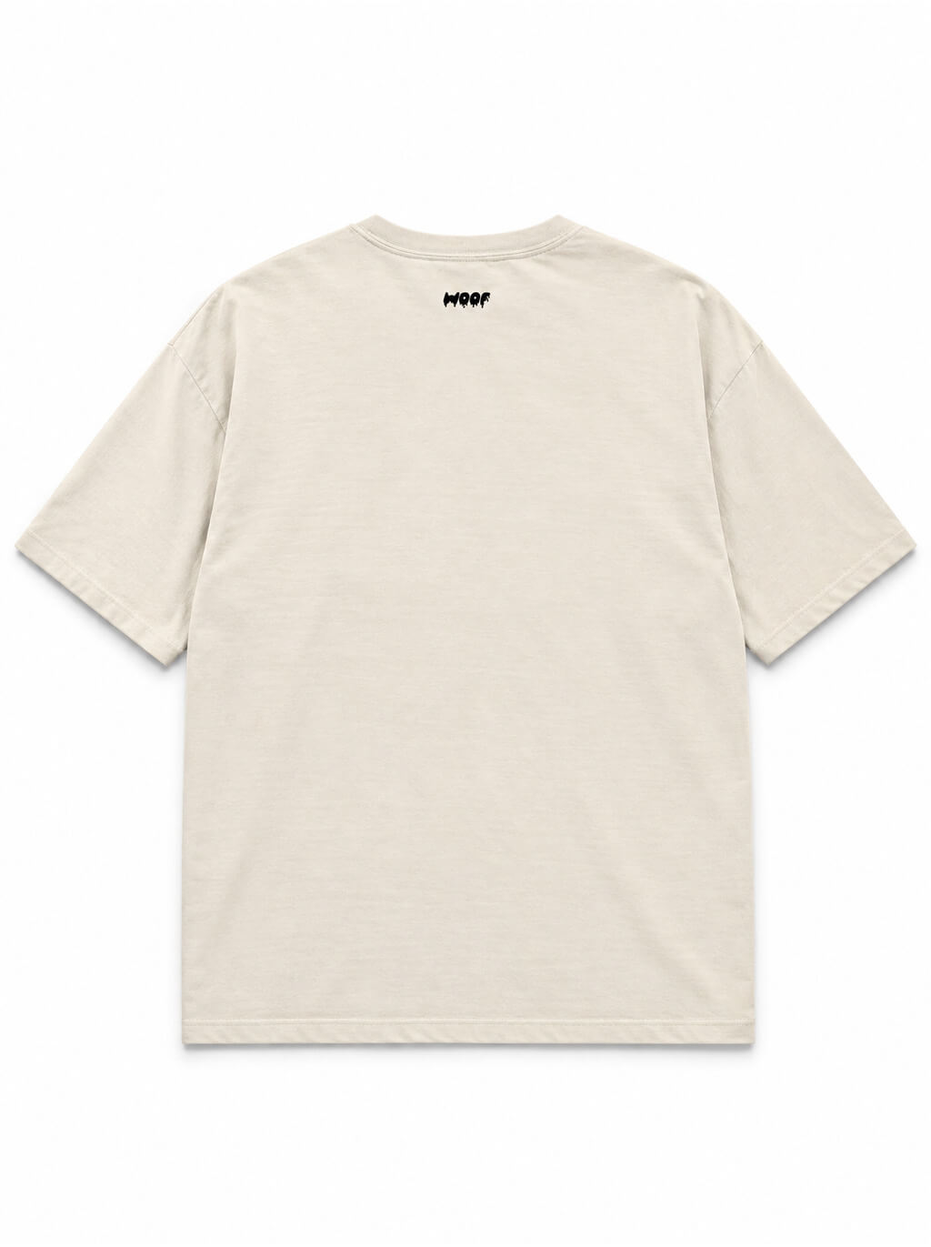 Back of the Trick or Treat Great Dane oversized Halloween T-shirt in Vintage White with small WOOF logo below the collar