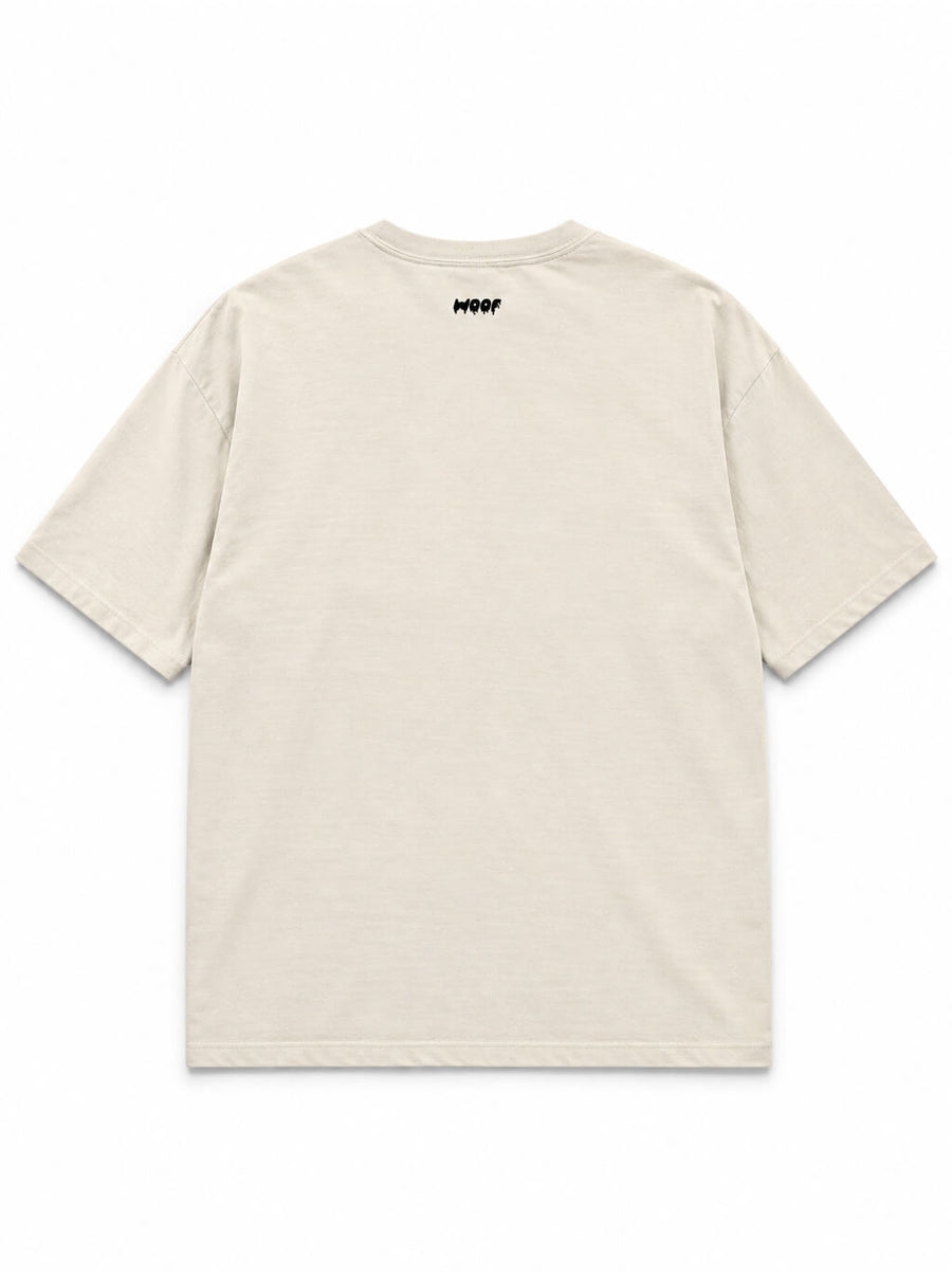 Back of the Trick or Treat Great Dane oversized Halloween T-shirt in Vintage White with small WOOF logo below the collar