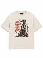 Trick or Treat Great Dane oversized Halloween T-shirt in Vintage White featuring a skeleton Great Dane with a pumpkin bucket, front view