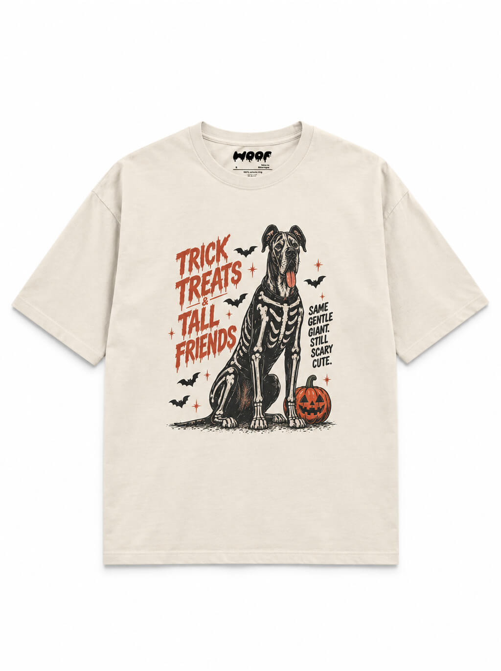 Trick or Treat Great Dane oversized Halloween T-shirt in Vintage White featuring a skeleton Great Dane with a pumpkin bucket, front view