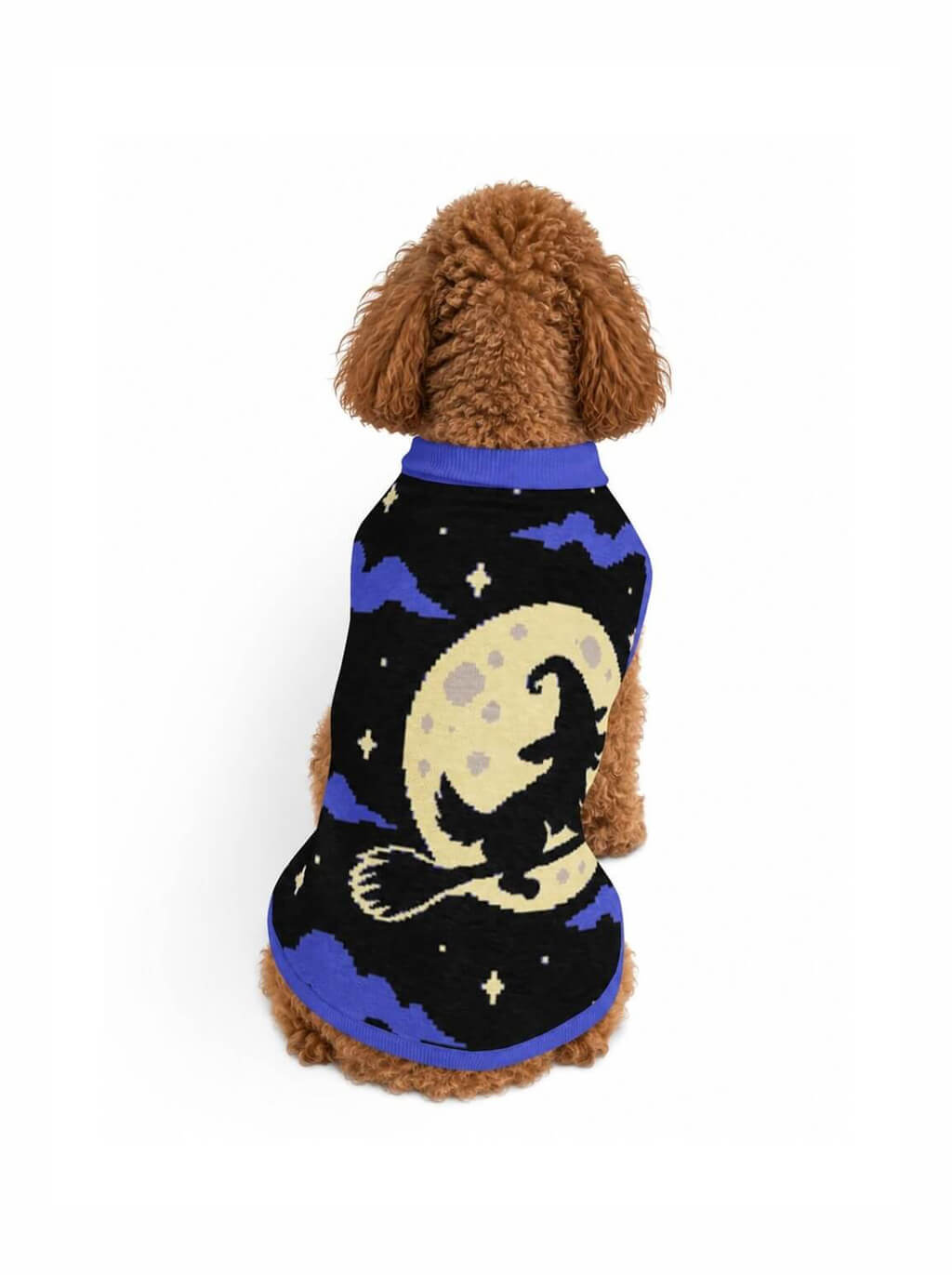 Witch knitted dog sweater in black and blue with a witch and full moon, worn by a dog, back view