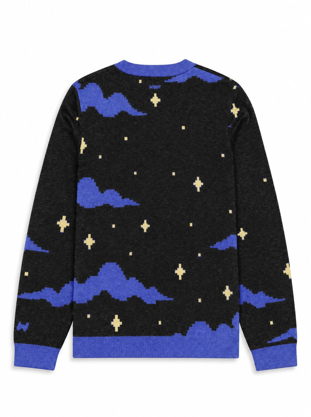 Back of the witch knitted Halloween sweater in black and blue with clouds and stars