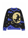 Witch knitted Halloween sweater in black and blue with a witch flying past the full moon, front view
