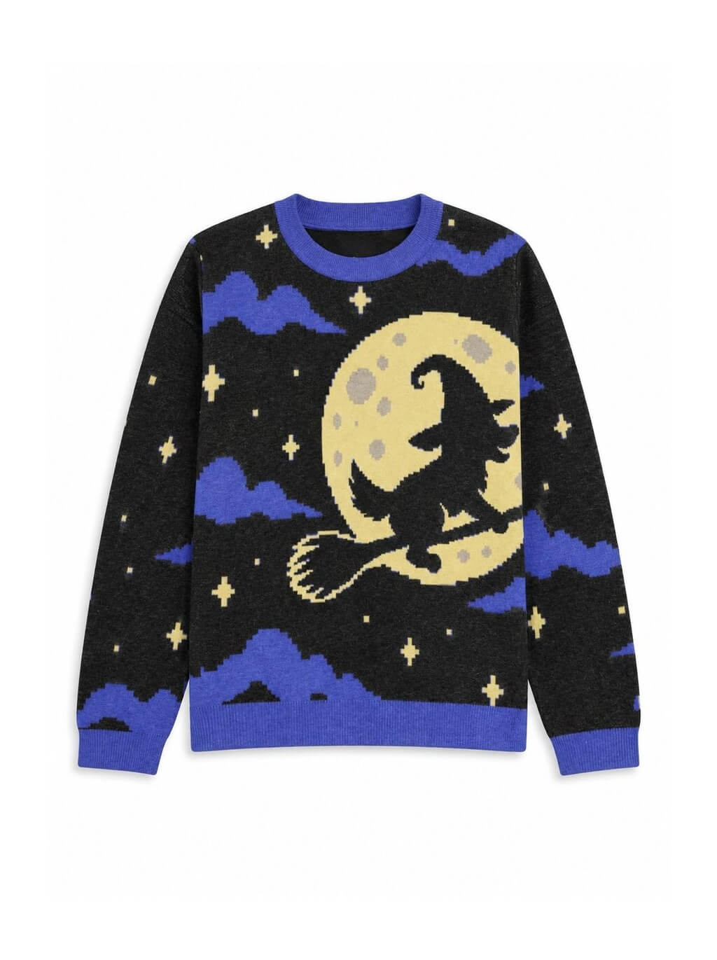 Witch knitted Halloween sweater in black and blue with a witch flying past the full moon, front view